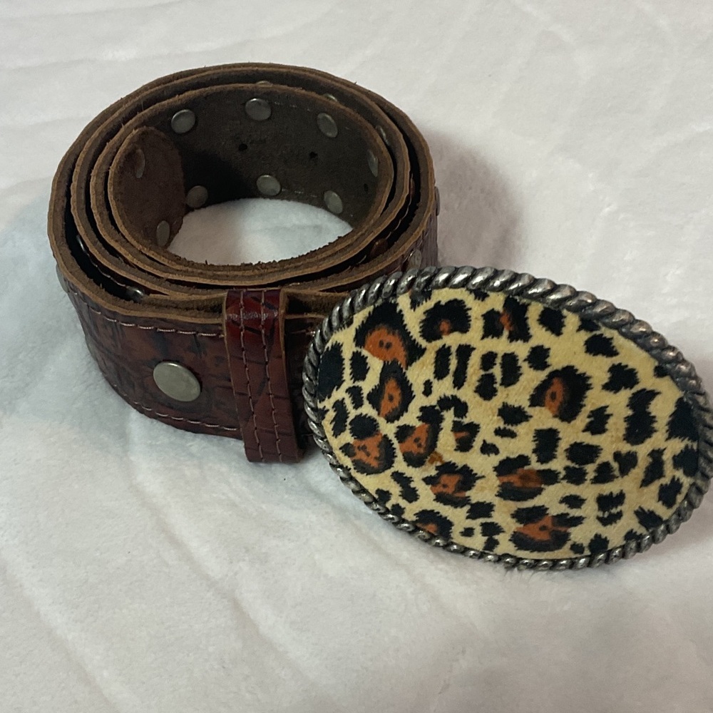 Leopard Print Oval Buckle Brown Leather Belt cowgirl